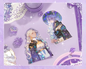 Detail of holographic laser stickers with silver-haired anime characters and shell finish