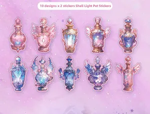 Macro detail of iridescent PET seashell light stickers featuring fantasy potion bottles
