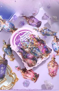 Macro shot of Sanctuary Prayer Light perfume bottle stickers with holographic foil finish