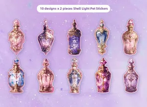 Macro view of shell-light PET stickers featuring vintage perfume bottles and apothecary jars