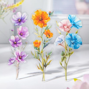 Set of transparent PET floral stickers with watercolor flowers for DIY journal decoration