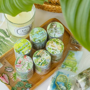 Green Oxygen Plan botanical PET tape set with vintage plant and flower illustrations