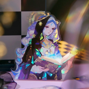 Holographic acrylic standee featuring a fantasy girl holding a glowing magic book