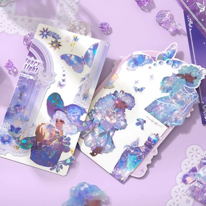 Fantasy girl and butterfly sticker pack in purple tones with iridescent finish