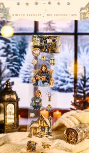 Detail view of PET die-cut tape featuring winter scenes like cozy cabins and reading girls