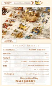 Detailed specs for Winter Warmth PET tape showing dimensions and cozy decorative motifs