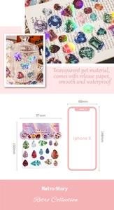 Macro detail of vintage jewel PET stickers showing transparent texture and packaging