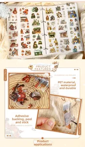 Close-up of winter-themed PET decorative stickers showing waterproof details and hand-drawn art