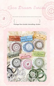 Dettaglio degli adesivi fustellati Lace Dream con motivi in pizzo vintage in vari colori