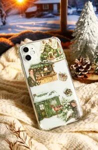 Winter themed clear phone case featuring a cabin illustration on a white knit blanket