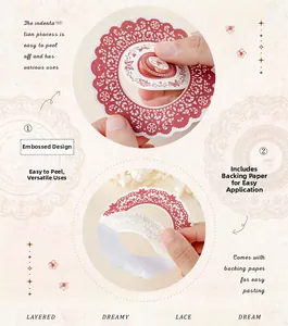 Dettaglio dell'adesivo in pizzo rosso traforato con retro autoadesivo per scrapbooking