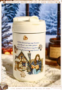 Winter themed PET tape collage on a cream thermos bottle with cozy house and girl motifs