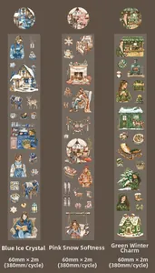 Macro detail of winter-themed watercolor PET tape with snowy houses and fireplace motifs