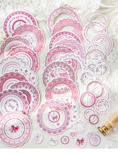 Close-up of vintage lace dream series stickers with red floral frames and cute animal motifs