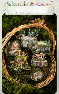 Detailansicht der PET-Sticker im Wald-Thema mit Pilzen, Baumstümpfen und Moos-Elementen