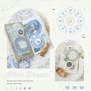 Detail of Blue Dream vintage lace scrapbooking stickers with moon and butterfly motifs