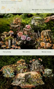 Detail von Baumstumpf PET-Aufklebern mit Pilzen und Rosen auf moosigem Waldboden-Hintergrund
