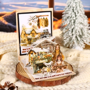 3D winter-themed PET tape collage featuring snow cabins, deer, and retro cozy illustrations