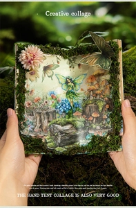 Detalle de un scrapbook 3D de bosque de hadas con musgo verde y flores secas