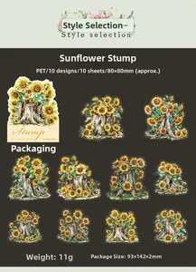 Detailansicht von zehn PET-Aufkleber-Designs mit Sonnenblumen und Baumstümpfen