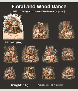 Detailierte PET-Sticker im Retro-Ölgemäldestil mit Baumstumpf- und Blumenmotiven für Scrapbooks