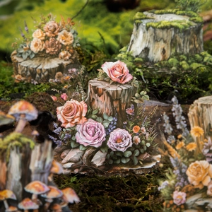 Pegatinas de PET de Tocón de Árbol y Flores Bosque Retro Botánico Seta Musgo Calcomanías Decorativas para Scrapbooking DIY