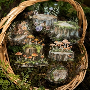Pegatinas PET de bosque con setas y troncos para decoración de diarios personalizados