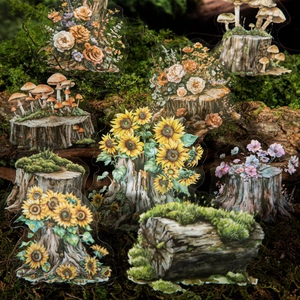 Pegatinas de PET de bosque con tocones y flores silvestres para decorar diarios DIY