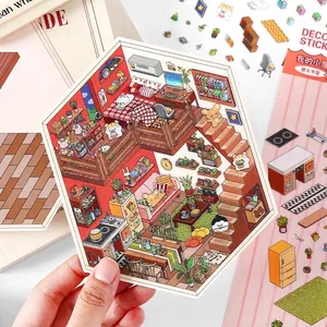 Cute isometric dollhouse PET sticker showing a cozy attic room with plants for journaling
