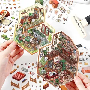 Cute dollhouse scene PET stickers with furniture and pet illustrations for scrapbooking