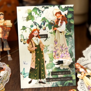 Pegatinas artísticas de personajes con pelo rojo y motivos florales de jardín botánico
