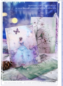 Dettaglio della carta da scrapbooking invernale vintage con illustrazione di ragazza in blu