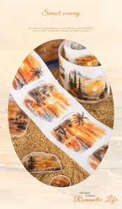Detailed macro view of sunset scenery die-cut washi tape featuring palm beach watercolor