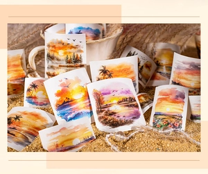 Artistic watercolor landscape stickers with sunset scenes for DIY scrapbooking decoration