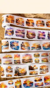 Detailed view of Sunset Glow themed PET washi tape with scenic sunset landscape illustrations