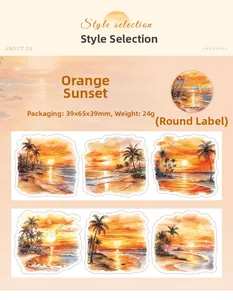Detail of Orange Sunset PET decorative tape showing beach landscape scenery and 65mm specifications