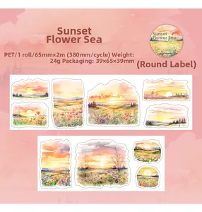 Detail of PET decorative tape with sunset flower landscape illustrations for DIY journals