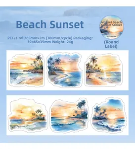 Detailed view of Beach Sunset PET decorative tape showing 65mm x 2m watercolor patterns