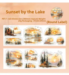 Detail of Sunset Lakeside PET tape featuring watercolor orange forest and lake landscapes