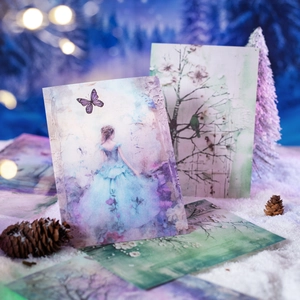 Carta per scrapbooking serie sogno d'inverno con illustrazioni ad acquerello di boschi e ragazza