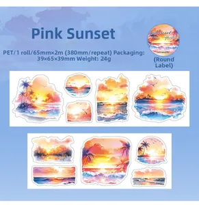 Detail view of sunset ocean scenery PET tape for scrapbooking showing roll dimensions