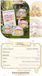 Macro detail of PET mushroom house stickers from the Elf Tribe series for DIY journaling