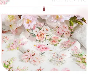 Close-up of elegant pink PET floral stickers with detailed patterns for journaling