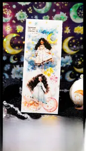 Détail de ruban PET thème ciel étoilé avec illustrations vintage et étoiles dorées