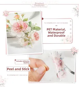 Detailed view of waterproof pink floral PET stickers with self-adhesive backing