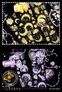 Détail du ruban adhésif PET Star Oath aux motifs célestes de lune et d'étoiles dorées
