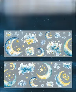 Détails du ruban adhésif PET Ciel Étoilé avec motifs de lune et d'étoiles à l'aquarelle