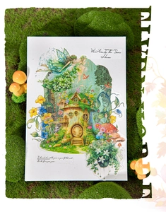 Macro detail of fairy cottage stickers with forest elf and treehouse on green moss
