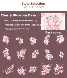 Pink Garden PET stickers set showing 15 unique cherry blossom designs for journaling