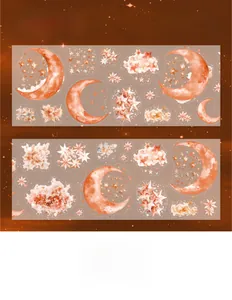 Détail du ruban décoratif PET Orange Planet avec motifs lune et étoiles pour DIY